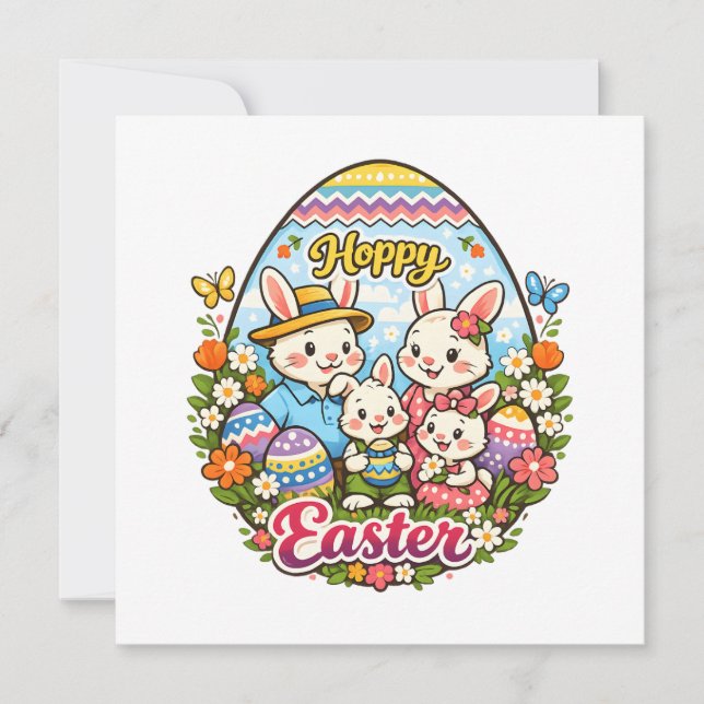 Hoppy Easter Colorful Cartoon Bunny Family Graphic Holiday Card (Front)