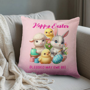 Hoppy Easter Cute Bunny Chicks Lamb Painting Eggs Cushion