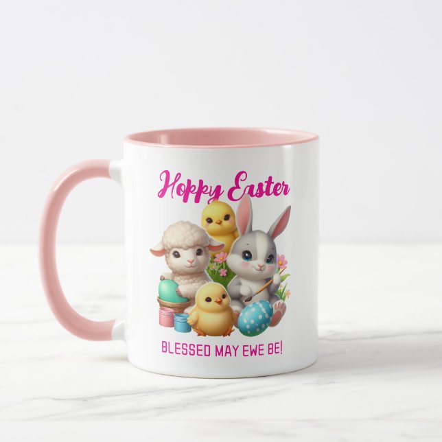 Hoppy Easter Cute Bunny Chicks Lamb Painting Eggs Mug (Left)