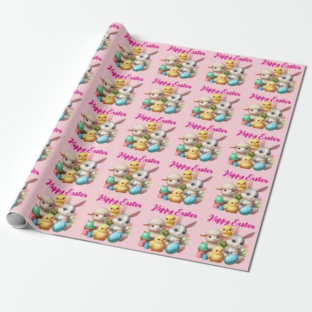 Hoppy Easter Cute Bunny Chicks Lamb Painting Eggs Wrapping Paper (Unrolled)