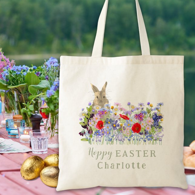 Hoppy Easter Egg Hunt Bunny Wildflowers Kids Name Tote Bag (Personalized kids name Easter egg hunt cute bunny spring watercolor wildflower floral tote bag)