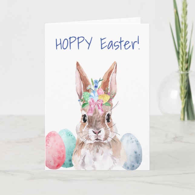 Hoppy Easter Watercolor Bunny Rabbit Card (Front)