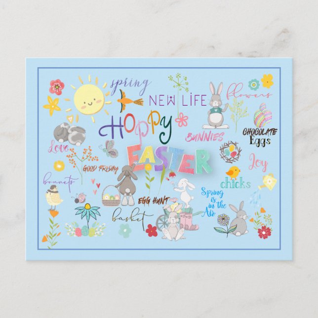 Hoppy Easter Wordart Greetings Blue Background Postcard (Front)