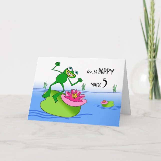 Hoppy Fifth Birthday, Funny Frog at Pond Card (Front)
