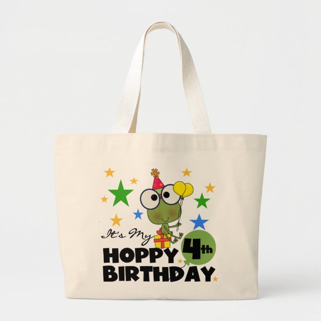 Hoppy Frog 4th Birthday T-shirts and Gifts Large Tote Bag (Front)