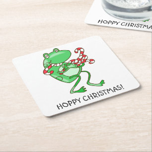 Hoppy Frog Christmas -- Frog, Candy Cane Xmas Square Paper Coaster