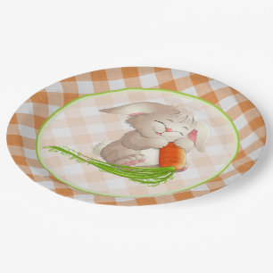 Hoppy Happy Easter Bunny Orange Gingham Pattern Paper Plate