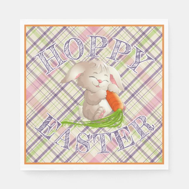 Hoppy Happy Easter Bunny Stripes And Plaid Pattern Napkin (Front)