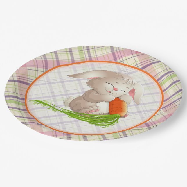 Hoppy Happy Easter Bunny Stripes And Plaid Pattern Paper Plate (Angled)