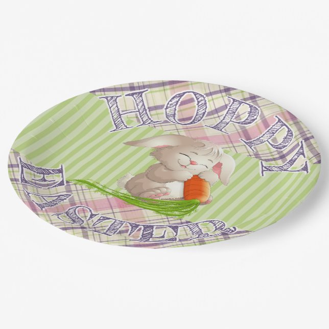 Hoppy Happy Easter Bunny Stripes And Plaid Pattern Paper Plate (Angled)