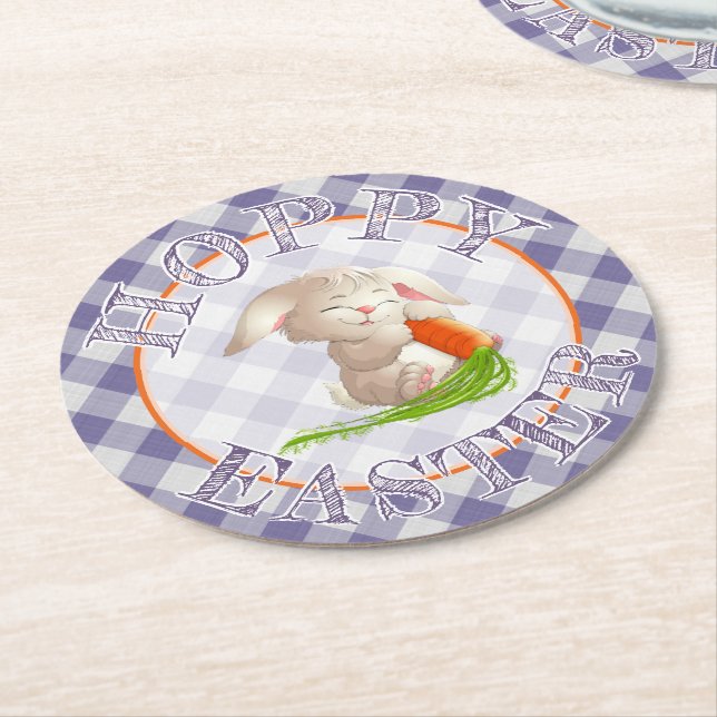 Hoppy Happy Easter Bunny Violet Gingham Pattern Round Paper Coaster (Angled)