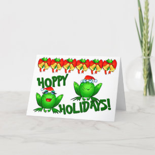 Hoppy Holidays Cartoon Christmas Frogs Bows Bells Holiday Card