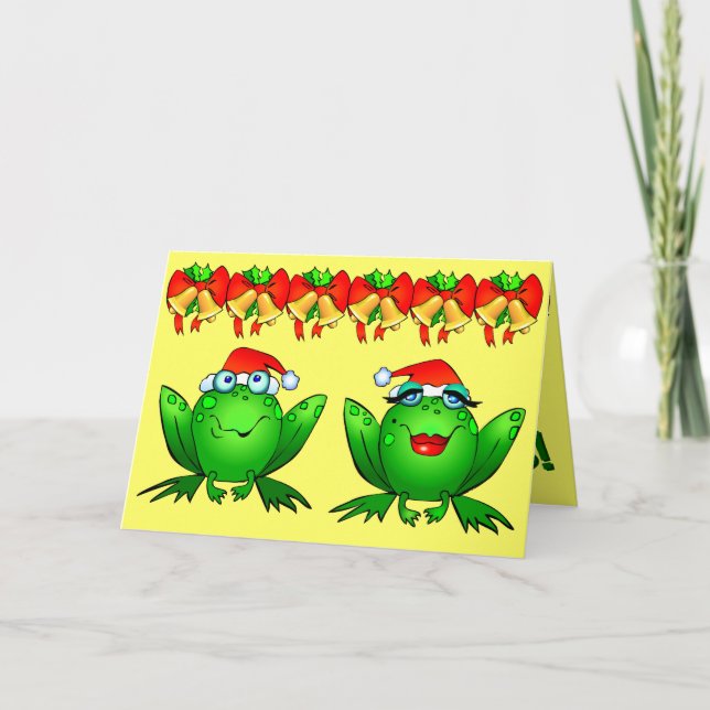 Hoppy Holidays Cartoon Frogs Santa Hats Bells Holiday Card (Front)