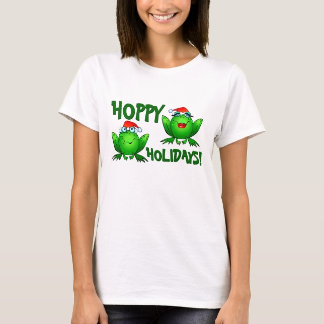 Hoppy Holidays Cartoon Frogs Shirt Green Text (Front)