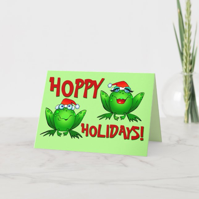 Hoppy Holidays Cartoon Green Frogs Red Letters Holiday Card (Front)