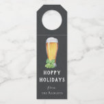 Hoppy Holidays Chalkboard Bottle Hanger<br><div class="desc">Painted beer glass and hops on chalkboard with pub style pattern backing,  funny "Hoppy Holidays",  personalised bottle hanger gift tags. Designed to match our Hoppy Holiday Collection.</div>