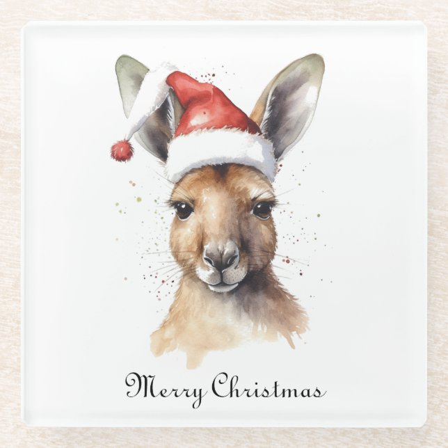 Hoppy Holidays, Christmas Kangaroo custom Glass Coaster (Front)