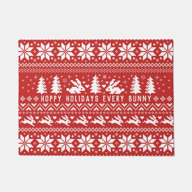 Hoppy Holidays Every Bunny | Bunnies Christmas Doormat (Front)
