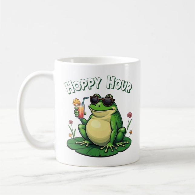 Hoppy Hour – Funny Frog Drinking Coffee Mug (Left)