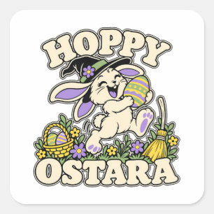Hoppy Ostara Cute Bunny Witch Square Sticker