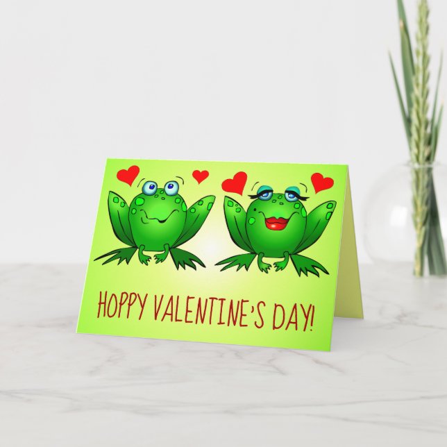 Hoppy Valentines Day Fun Cute Cartoon Frogs Hearts Card (Front)