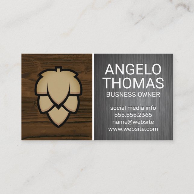 Hops Bud | Wood Grain and Steel Brushed Business Card (Front)