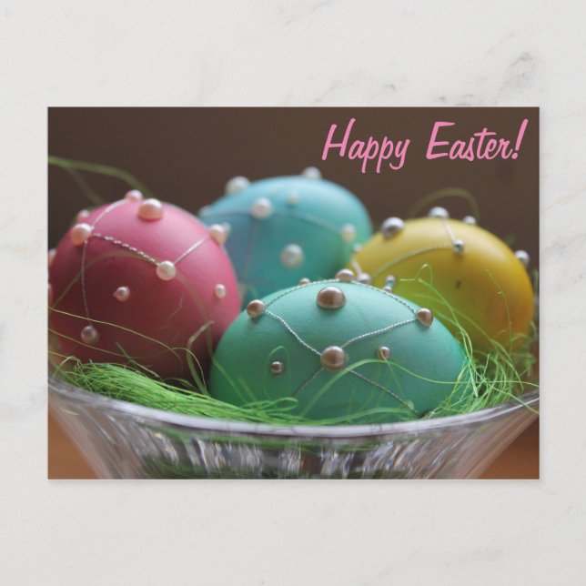 Horiz. "Happy Easter" Colourful Eggs Holiday Postcard (Front)