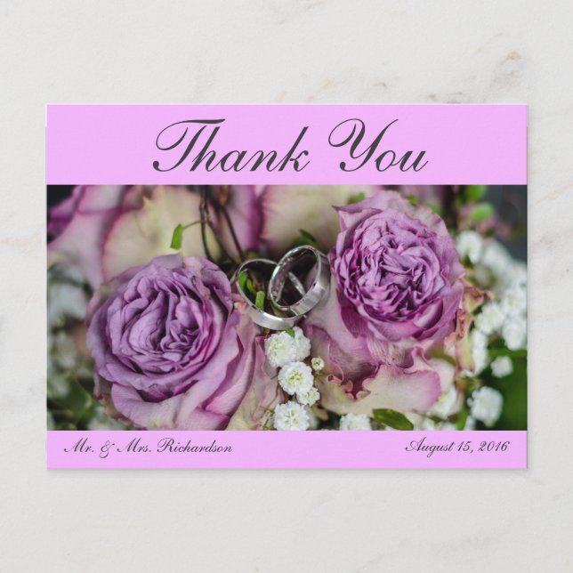 Horiz. Pink Custom Wedding Photo Thank You Postcard (Front)