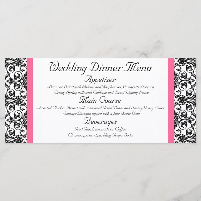 Horiz.Victorian Fuchsia Pink and White Damask Menu (Front)