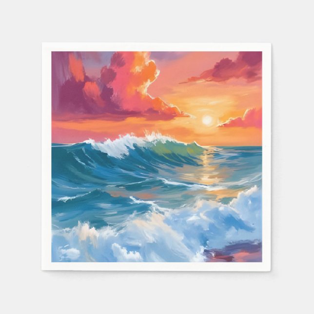 Horizon of Light | Ocean Waves Sunset Watercolor Napkin (Front)