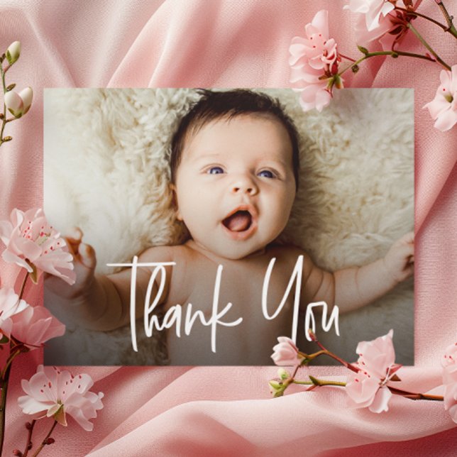 Horizontal Baby Girl Photo Handlettering script Thank You Card (Customizable horizontal baby photo thank you card.)