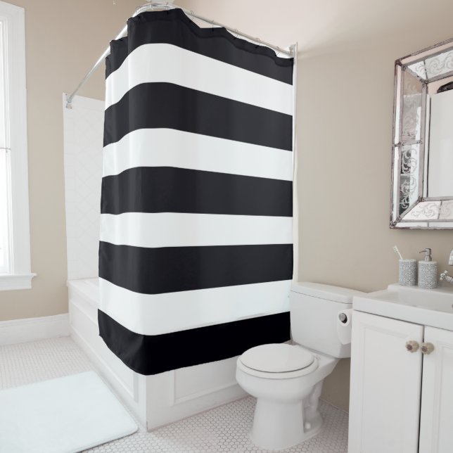 Horizontal Black And White Stripes Shower Curtain (In Situ)