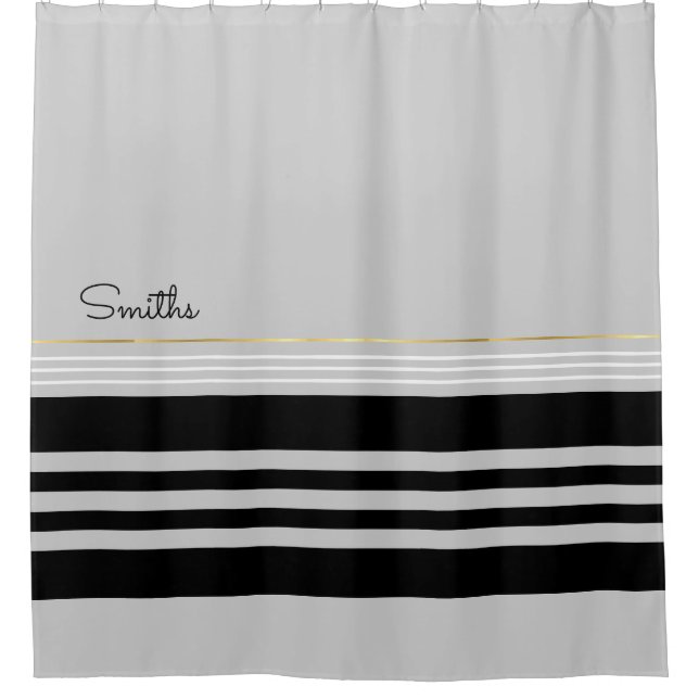 horizontal black stripes with name shower curtain (Front)