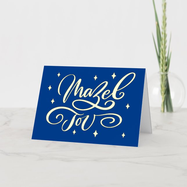 Horizontal Blue Mazel Tov Scripted Congratulations Foil Holiday Card (Front)
