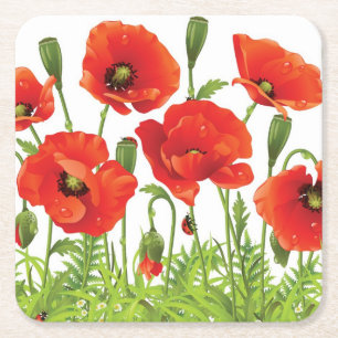 Horizontal border with red poppy square paper coaster