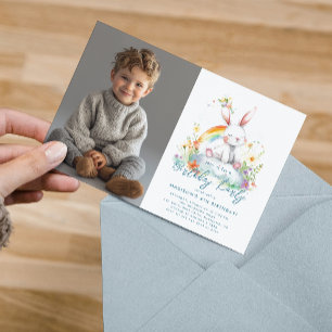 Horizontal Cute White Rabbit and Rainbow Birthday Invitation