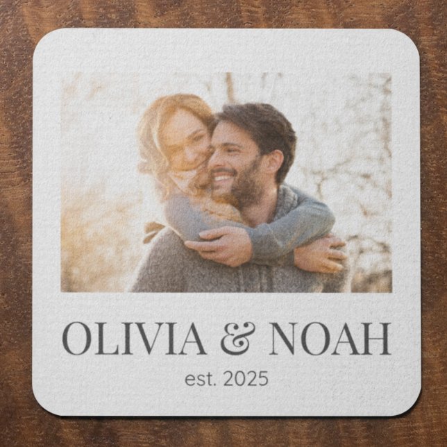 Horizontal Gallery Bar Coaster (Coaster with sleek photo strip, serif name center, and est. date accent on a white base.)