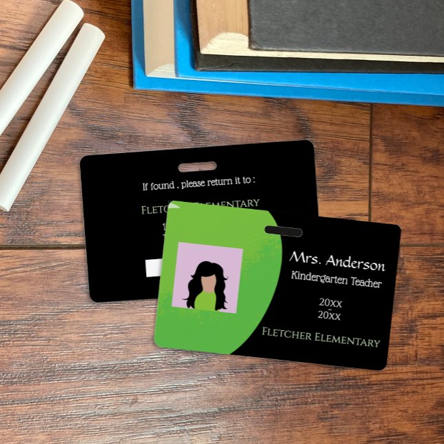 Horizontal Green Apple School Staff Black ID Badge (Horizontal green apple teacher black photo ID badge)