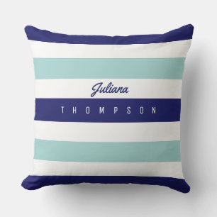 horizontal large blue (2 tones) stripes with name cushion