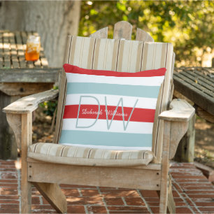 horizontal large blue red stripes & monogram cushion