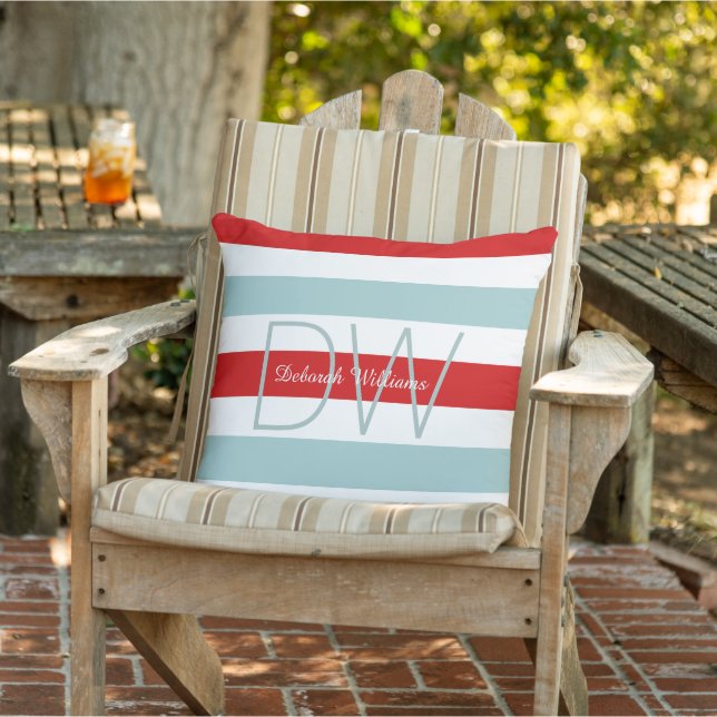 Horizontal Large Blue Red Stripes & Monogram Cushion (Chair)