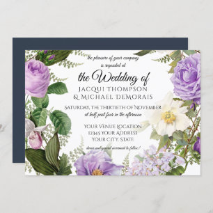 Horizontal Navy Blue Purple Ivory Vintage Floral Invitation