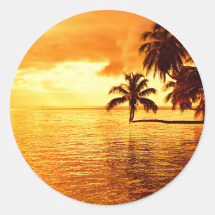 Horizontal palm tree sunset round sticker