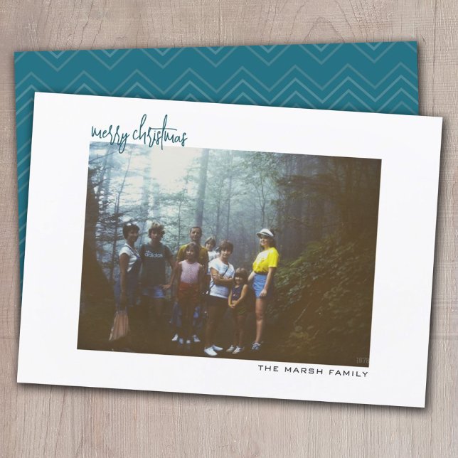 Horizontal Photo blue chevron white border minimal Holiday Card (Creator Uploaded)