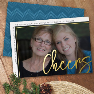 Horizontal Photo Blue Chevrons Huge Script Cheers Foil Holiday Card