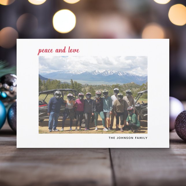 Horizontal Photo Christmas Script Red plaid Peace Holiday Card (Modern, minimal Christmas card with one photo, white border and script type)