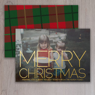 Horizontal Photo - Green Plaid - Merry Christmas Foil Holiday Card
