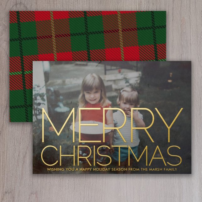 Horizontal Photo - Green Plaid - Merry Christmas Foil Holiday Card (Creator Uploaded)