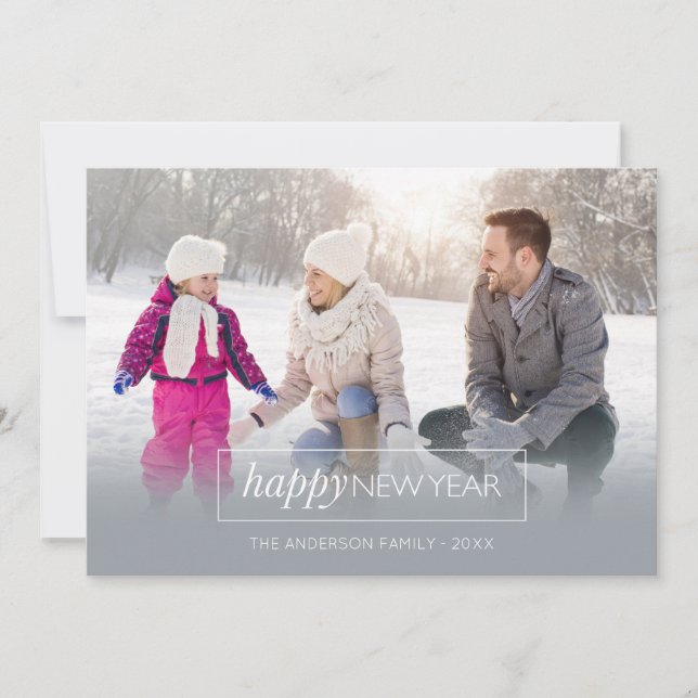 Horizontal Photo Happy New Year Modern Grey Holiday Card (Front)