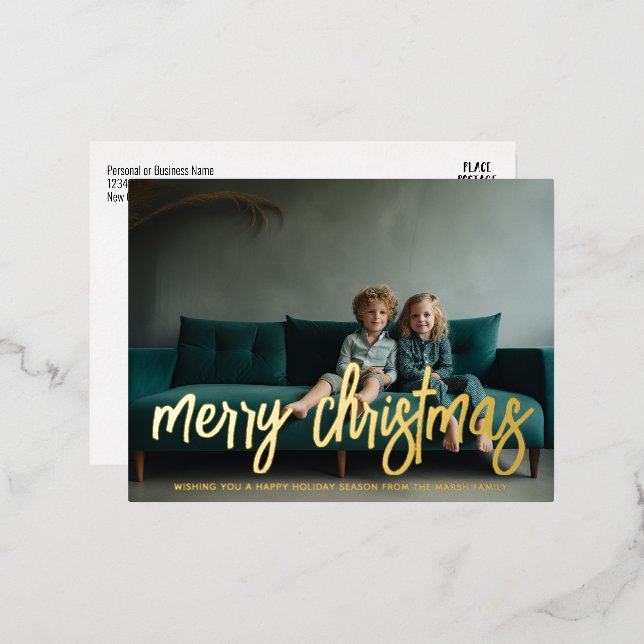 Horizontal Photo - large Merry Christmas Script - Foil Holiday Postcard (Front/Back)